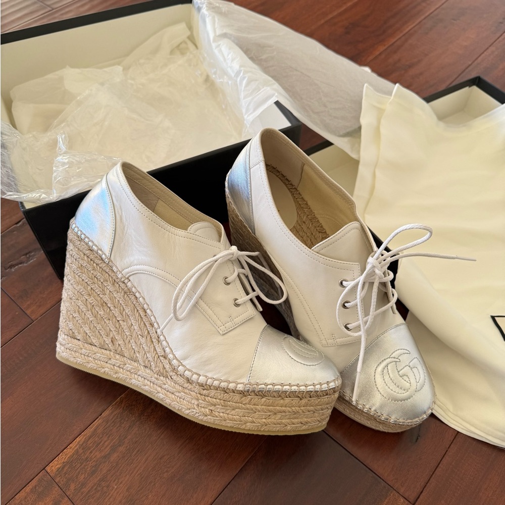 Gucci White and Silver Espadrille Wedges